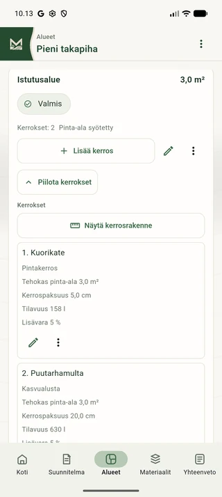 Istutusalueen kasvualusta ja kuorikate erillisinä materiaalikerroksina Maaviossa.