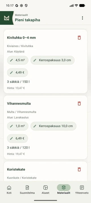 Kivituhkan määrä ja pakkaustiedot Maavion materiaalinäkymässä.