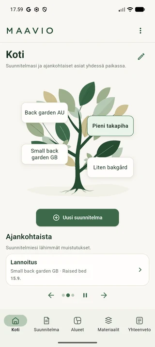 Maavion Koti-näkymän Kotipuu, pihasuunnitelmat ja ajankohtainen muistutus.