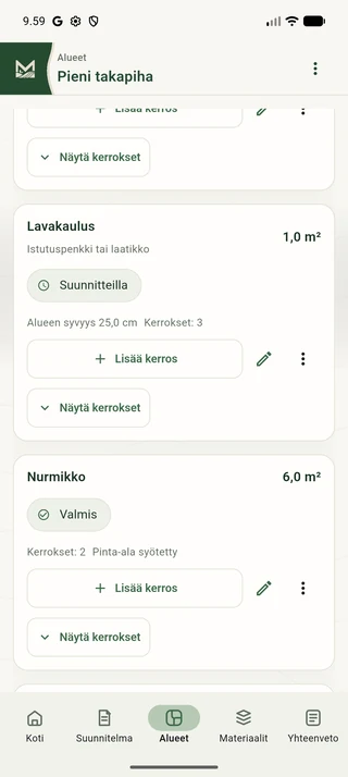 Lavakauluksen aluekortti, pinta-ala ja kolme materiaalikerrosta.