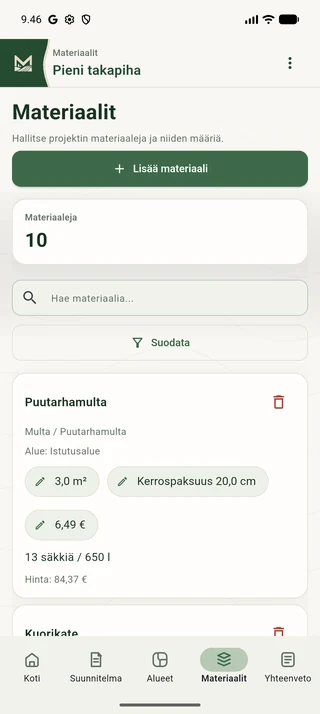 Maavion multalaskelma: pinta-ala, kerrospaksuus ja säkkimäärä.