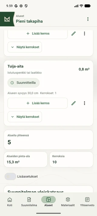 Tuija-aidan aluekortti ja kasvualustan paksuus Maaviossa.
