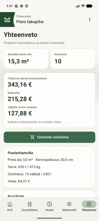 Maavion Yhteenveto: materiaalimäärät, kustannukset ja linkki ostoslistaan.
