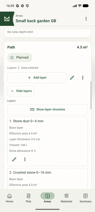A path’s crusher-dust layer and calculated volume in Maavio.