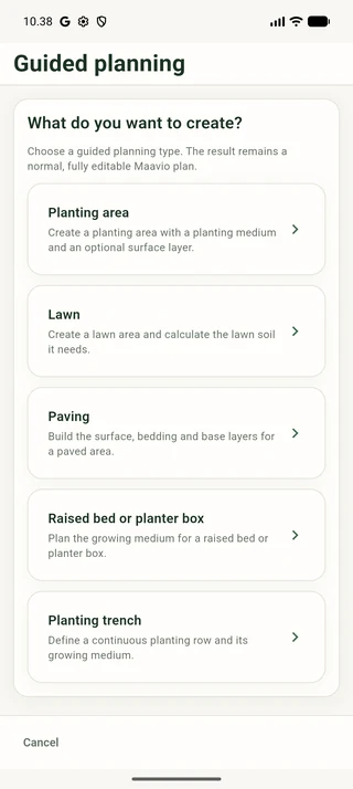 Maavio guided planning with a choice of garden area types.