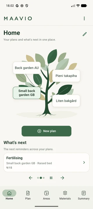Maavio Home with the Kotipuu tree, garden plans and an upcoming reminder.
