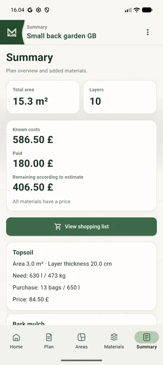 Maavio summary showing soil volume, bag quantity and costs in pounds.