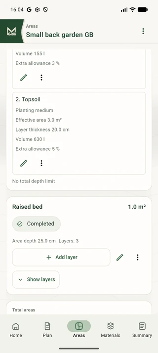 Raised-bed area card with its area and three material layers.
