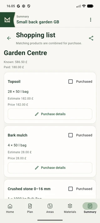 Maavio shopping list with topsoil and bark-mulch bags.