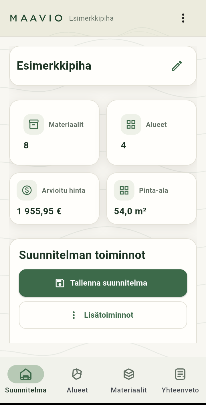 Maavios Plan-vy med trädgårdsprojektets områden och material.