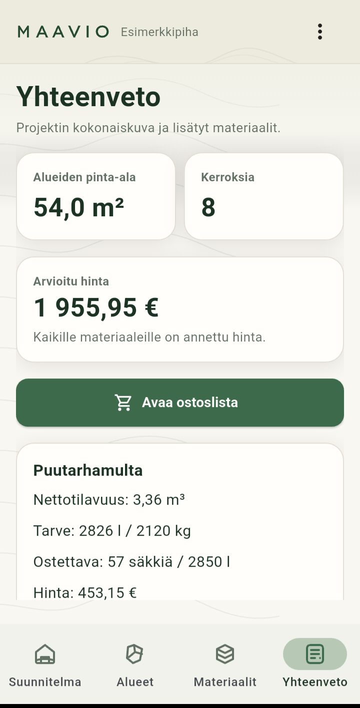 Maavios sammanfattning av trädgårdsprojektets materialmängder.
