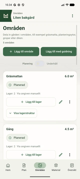 Gräsmattans områdeskort med area och två materiallager.