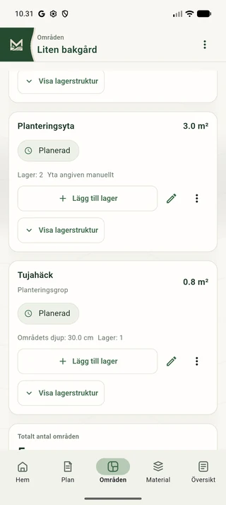 Tujahäckens områdeskort med växtbäddens tjocklek.