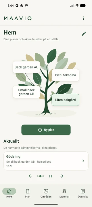 Maavios Hem-vy med Kotipuu-trädet, trädgårdsplaner och en aktuell påminnelse.