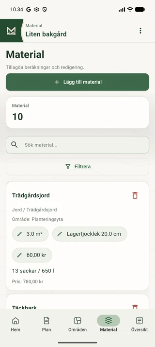 Jordberäkning i Maavio med area, lagertjocklek och antal säckar.