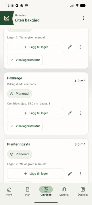 Pallkragens områdeskort med area och tre materiallager.
