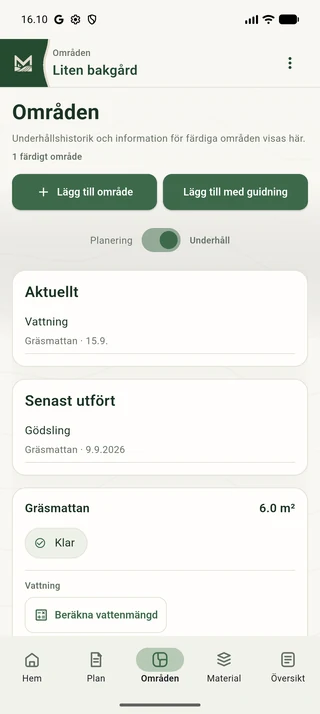 Maavios underhållsvy där vattning och en påminnelse kan läggas till.